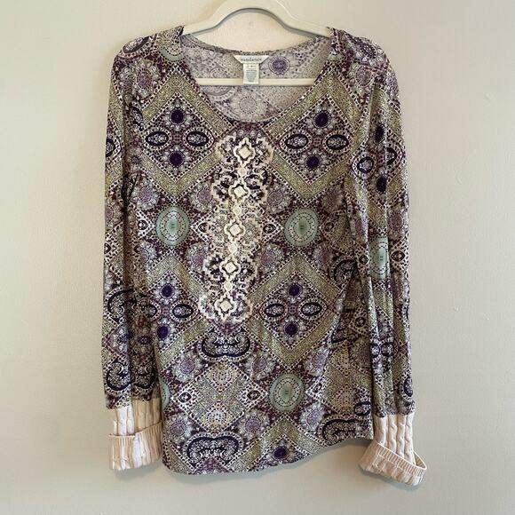 Sundance Size S Green Purple Long Sleeve Top Sweater Cuffs Embroidered Front - Picture 1 of 5